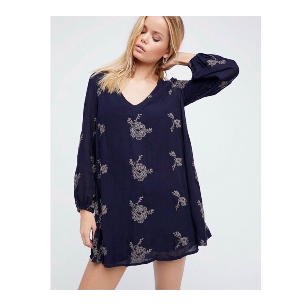 Free People Austin Embroidered Mini Dress Navy